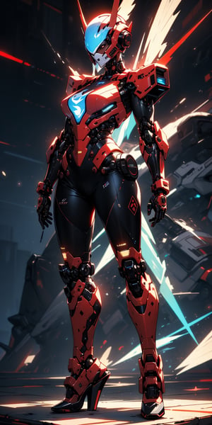 ((Best quality)), ((masterpiece)), (detailed: 1.4), Dark_fantasy, Cyberpunk, (Mecha, Black and red:1.1), 1girl, Mechanical Wonder, Robotic presence,cybernetic guardians, Masterpiece, full body shot, highly detailed, At night, head_gear, visible mouth, shadowy, 8K, Mecha mask, Laser tool,1 girl