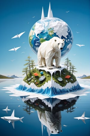 ("SAVE OUR PLANET" text logo: 1.3), Origami, dripping paint, White Polar Bear standing on a tiny island made of waste in a vast ocean, full body portrait, wide scale lens ,Text,aw0k magnstyle,detailmaster2,Movie Still