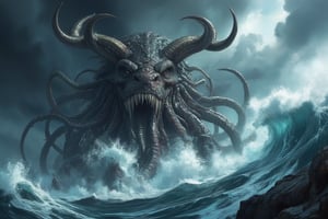 Masterpiece, professional, award-winning, intricate details, ultra high detailed, 64k, dramatic light, volumetric light, Legendary, horned kraken emerging from the depths of a stormy sea, high-quality, mythical creature, supernatural being, menacing, maritime, tentacles, mythical beast, tumultuous waters:0.9, shipwreck, colossal size, swirling tempest, seafaring legends, formidable presence, nautical chaos, 8k,ek_art_b00ster,anime,illustrated,