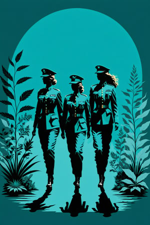 character silhouette, 3 women at a botanical garden, body in shadow, in military uniform, dark night, turquoise green background, Flat vector art,pencil sketch