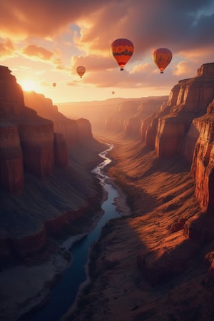 Masterpiece, professional, award-winning, intricate details, ultra high detailed, 64k, dramatic light, volumetric light, A photorealistic, breathtaking canyon landscape at sunrise, with steep cliffs glowing in warm hues, a meandering river below, and hot air balloons drifting in the sky:2, forcus on hot air balloon, canyon grandeur, sunrise splendor, aerial adventure, rugged beauty, desert dreams.,ek_art_b00ster,anime,illustrated,FluxBoost