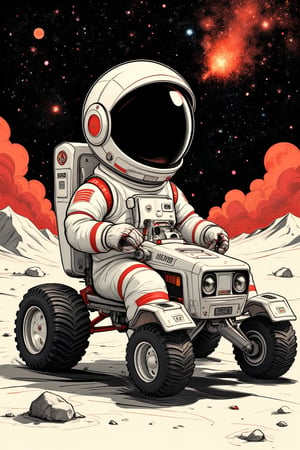 Masterpiece, professional, award-winning, intricate details, ultra high detailed, concept art, Vector Art, aesthetic, Vector Cartoon Illustration, vector, complex details. a cute futuristic astronaut with large helmet and small body. Cartoon hand drawn style, A cute version image with great visual impact, The details are vividly portrayed, Wearing a black visor, Wearing a crisp white suit with red shoulder straps, Cute hero riding a Three-wheeled vehicle with large grippy tires, Exploring the lunar surface, The background shows a stunning galaxy, Filled with stars and cosmic wonders, The palette is red, Orange and black shades, With a rough style, The background should have a simple hand-drawn doodle pattern. a character with digital artwork, bright colors, bold outlines, illustrative, highly detailed,ek_art_b00ster,anime,illustrated,myvectorillustrations