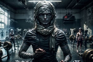((​masterpiece)), ((top-quality)), ((Official art)), 8K, very detailed illustration, Black hair, Bob hairstyle, A detailed eye, (Mummy girl with white bandages from head to foot), ((Mummified Girl)), Delicate body, lifting heavy weights in the gym. (fitness trainer looking over from background). ((Dark look)), (Depressed look), 1.5), Professional Model Pose, glamor, 