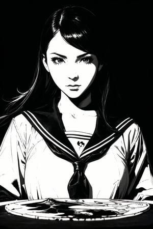 Best quality, Masterpiece, Ultra High Resolution, (Fidelity:1.2), (Realistic:1.37), Ink Art, (highest quality,Tabletop:1.2), (Black and white comic core:1.1), (extremely high contrast), Dark ink, One Girl, Black-haired, Shadow on face, 8k,high school girl, Sailor suit,monochrome,ink