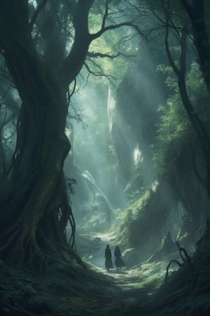 Masterpiece, professional, award-winning, intricate details, ultra high detailed, 64k, dramatic light, volumetric light, Enigmatic, mist-shrouded forest with ancient spirits and mystical fog, supernatural being, photorealistic, magical, ethereal, mystical beings, atmospheric allure, enshrouded beauty, haunting ambiance:1.1, twisted roots, whispered secrets, hidden groves, elusive presence, mythical guardians, mystical tranquility, 8k,ek_art_b00ster,anime,illustrated,