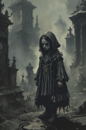 In a dimly lit, eerily quiet graveyard, an innocent-looking little girl stands amidst a thin layer of smoke and swirling spirits. Her macabre coat, crafted from screaming faces, hangs ominously around her shoulders. The volumetric light casts dramatic shadows, accentuating the intricate details of the tiny faces that make up her attire. The texture is so realistic it appears to be woven with human skin, adding an unsettling atmosphere to the scene. In the background, towering mausoleums and crumbling headstones seem to loom in, shrouded in darkness.