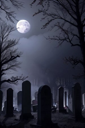 Spellbinding, moonlit graveyard with haunted trees and ghostly spirits, high-quality, eerie, atmospheric, supernatural, haunted, spectral, ethereal, spooky, tombstones, mist, full moon, haunted mansion, restless souls, paranormal activity					