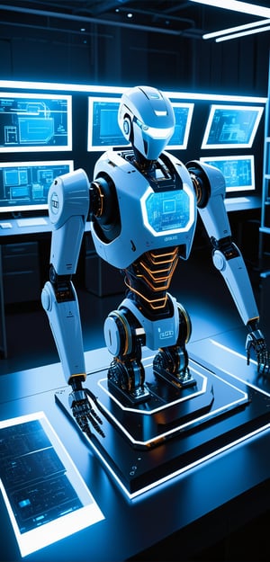"Create a highly detailed image of a cybernetic robot in the midst of self-assembly within a state-of-the-art laboratory. The robot should exude advanced technology and innovation, with intricate circuits and mechanical parts visible as it puts itself together. The laboratory setting should be filled with cutting-edge equipment, holographic displays, and a sleek, modern design. The atmosphere should be one of intense focus and precision, illuminated by the soft glow of monitors and the robot’s own internal lighting. The robot’s design should be both functional and aesthetically striking, showcasing a blend of humanoid and mechanical features that hint at its capabilities. Emphasize the complexity of the robot’s design, with each component meticulously crafted and positioned as if by an invisible hand. The overall scene should capture the moment where technology transcends its static nature, becoming a self-sustaining entity.”