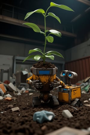 Here is a prompt for generating an image:

Wall-E, a small waste-collecting robot, stands amidst a litter-filled dumpster. His shiny metal body and bright blue solar panel are illuminated by the harsh, industrial lighting within the trash receptacle. Wall-E's mechanical arms grasp a three-branch plant with soil-covered roots, but without its original pot, as if he has carefully plucked it from the dirt. The plant's delicate stems and leaves stretch upwards, defying gravity and the bleak surroundings. Wall-E's hands cradle the soil-covered plant, his metal fingers curled around the tender greenery.