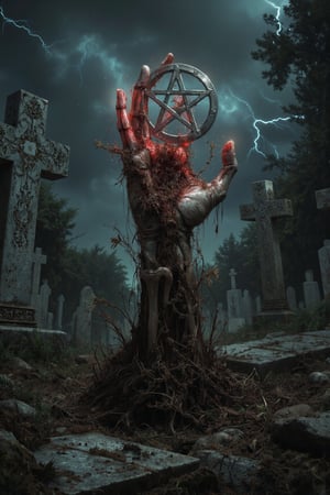 Masterpiece, professional, award-winning, intricate details, ultra high detailed, 64k, dramatic light, volumetric light, create an image of  a decayed, skeletal hand emerges from the dirt in a dark, eerie cemetery. The hand pushes through the earth, with dirt and debris falling off its bony fingers, still covered in patches of decayed skin. The ground around the hand is cracked and disturbed, with roots and weeds tangled in the soil. The scene is lit by an ominous red glow emanating from a nearby pentagram, casting eerie shadows over the overgrown tombstones and broken graves. The stormy sky above is dark and heavy, with flashes of lightning illuminating the scene briefly. Everything is rendered in ultra-realistic detail, from the textures of the decayed hand to the gritty dirt and aged tombstones, making it appear lifelike and unsettling. Showcasing incredible texture and detail. Rendered in high-quality, super-detailed textures. Meticulously illustrated. Adds ominous atmosphere in the image, 8k,