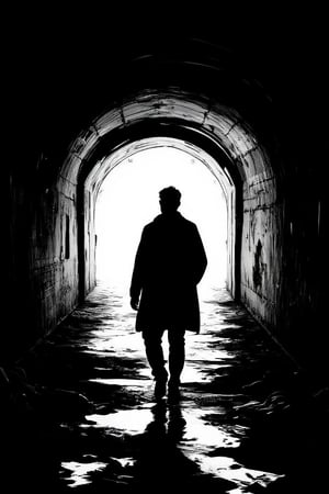 (silhouette:1.25), dark background, A black and white photo of a person walking through a tunnel, Deep lines and shadows, Light and shadow contrast, Strong light and shadows, High contrast light and shadows, Glowing lines, Great light and shadow, Dramatic light and shadows, Beautiful light and shadow, Lines and movement, Dramatic light and shadow, Volumetric Light, Surrealism, flat color, flat shading, highres, superb, 8k wallpaper, extremely detailed, intricate, limited palette,ek_art_b00ster,anime,illustrated,FluxBoost,myvectorillustrations