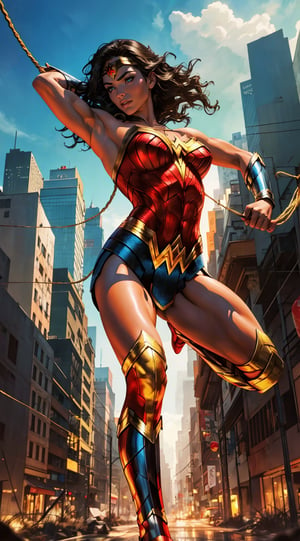 Generate a rough oil painting of Wonder Woman gracefully ((swinging through the gaps between skyscrapers)) (at night), ((flying)), using her ((Lasso of Truth)) as if she were Spider-Man. The golden glow emanating from the Lasso of Truth illuminates the scene like fluorescent lights. Capture her in a dynamic and stylish pose, reminiscent of Frank Miller's Sin City style. (field of depths,boheh backdrop),wonder_woman,artgerm,semi-realistic,Anime,highres