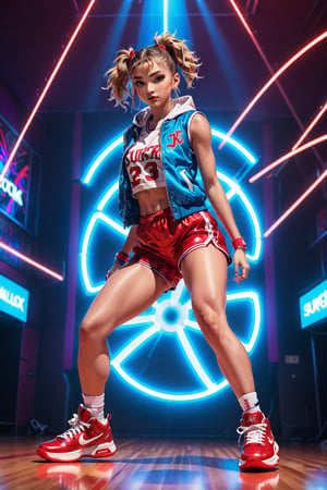 (Best quality, ultra detailed, masterpiece),  8k, super detailed, ((beautiful detailed)))1girl, hip pop clothes, Red basketball shoes, low angle shot, low angle, ground-level shot, full body, full body shot, lunge, nightclub, laser beam(Dynamic feeling:1.4),(concept art style:1.4), neon, neon sign, glowing,32k, octane render,neon style,simple background