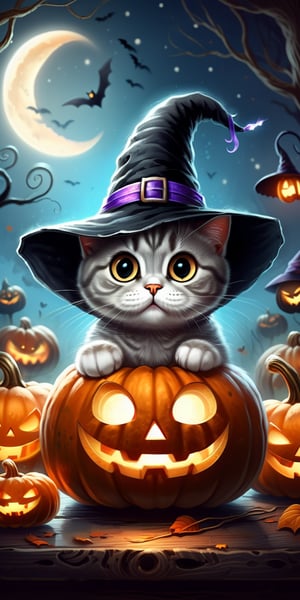 Cute Short-tailed British shorthair cat with witch hat, big eyes, pumpkins, halloween, bat, (Best Quality, 4k, high resolution, Masterpiece:1.2), Ultra-detailed, (realisitic:1.3), vibrant colors, studio lit, Bokeh, Illustration, Spooky atmosphere, Craft an irresistibly cute Halloween-themed. Request vibrant colors, charming details, and a whimsical Halloween background that enhances the cuteness. Aim for a visually delightful composition capturing the adorableness of this little cat on a Halloween adventure