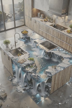 (masterpiece, best quality:1.4), a kitchen island with a waterfall in the middle of it, an exquisite 3 d map, trending on artstatioin, flowing realistic fabric, fantasy 4k, salt effects, big desk, autodesk, epicurious, trending on artsation, lava rock, by Arnold Brügger, high grain, surrealism designed,
ensure that the shadows and lighting looks realistic and believable,
ensure that the kitchen island looks extremely realistic and believable,
ensure that the water and ice, looks extremely realistic and believable,
16k, high-difinition, 32-Bit-high color, high-resolution, high-fidelity, high-quality, ultra HD, super-resolution, enhanced detail, crystal clear, high-definition color, high-definition texture, sharpness boost, ultra-high quality,
make the effects extrem photorealistic, make the light and shadow more realistic, (make the atmosphere more realistic:1.3), (make the background more interesting:1.2), make the backround more realistic, make water extrem ultra realistic, make all accessories extremely ultra realistic,
water element, water, ice and water, ice, water, water ring,more detail XL