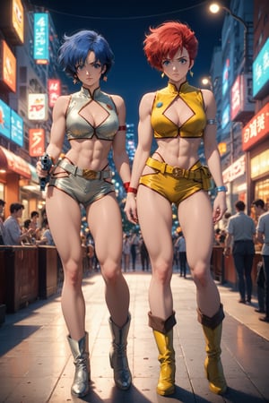 Best quality, Masterpiece, Ultra High Resolution, (Realistic:1.3), Comic city hunter style, 2girls, kei, dark skin, short hair, red hair, red eyes, hairband, earrings, jewelry, grey top crop, clothing cutout, single glove, wristband, armband, grey shorts, belt, Thigh Boots, grey footwear, dpyuri, pale skin, long hair, blue hair, blue eyes, yellow top crop, clothing cutout, yellow shorts, Boots, yellow footwear, (((woman and woman holding pistols back to back:1.5))), rich and colorful, Japanese manga artist Tsukasa Hojo'style, depth of field, Overclocked Renderer, movie lights, ultra_fine, very detailed, complicated, cinematic perspective, cg art, realistic skin details, complex background, high quality, realistic lighting, professional photos, natural skin texture, very detailed and sharp focus, crazy details, intricate details, very detailed and bright cinema lighting, very delicate muscles, whole body, score_9,score_8_up,score_7_up,score_6_up,Hojo Tsukasa manga style