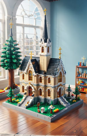 Lego brick scene, build a church made of LEGO, cartoon, disney style, Surreal images, Christmas theme, Real-world scenarios, in 8k resolution, A highly detailed, Top  Quality, Artistic photography, cinematic texture , iOS 100, LEGO MiniFig, LEGO Creator,lego