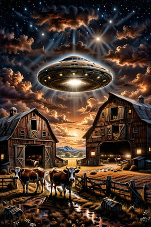 In the enigmatic night setting, a sleek, metallic UFO resembling a flying saucer hovers with an ominous presence above a lone cow standing in front of a rustic barn. A powerful spotlight cuts through the darkness, illuminating the cow in an intense beam. The scene is depicted in a hyper-realistic painting that captures every intricate detail: the cow's deep brown fur, the weathered wood of the barn, and the gleaming UFO against the night sky. In the upper part of the picture the sentence "They are Here" in big red 3D-characters are seen. This stunning image exudes a sense of mystery and tension, drawing viewers in with its impeccable artistry and striking visual storytelling,more detail XL,dvr-txt