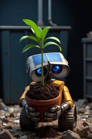 Wall-E, a small waste-collecting robot, stands amidst a litter-filled dumpster. His shiny metal body and bright blue solar panel are illuminated by the harsh, industrial lighting within the trash receptacle. Wall-E's mechanical arms grasp a three-branch plant with soil-covered roots, but without its original pot, as if he has carefully plucked it from the dirt. The plant's delicate stems and leaves stretch upwards, defying gravity and the bleak surroundings. Wall-E's hands cradle the soil-covered plant, his metal fingers curled around the tender greenery. In 3D style animation.