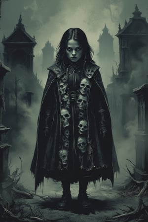 In a dimly lit, eerily quiet graveyard, an innocent-looking little girl stands amidst a thin layer of smoke and swirling spirits. Her macabre coat, crafted from screaming human faces, hangs ominously around her shoulders. The volumetric light casts dramatic shadows, accentuating the intricate details of the tiny faces that make up her attire. The texture is so realistic it appears to be woven with human skin, adding an unsettling atmosphere to the scene. In the background, towering mausoleums and crumbling headstones seem to loom in, shrouded in darkness.