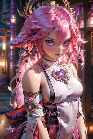 (masterpiece, finely detailed beautiful eyes: 1.2), (illustration:1.2), 1girl, solo, (yae miko:1.4), yae miko, hair ornament, pink hair, purple eyes, japanese clothes, sideboob, detached sleeves, wide sleeves, jewelry, earrings, bare shoulders thighs, volumetric lighting, hyper detailed, highly detailed, beautiful, small details, ultra detailed, best quality, intricate, sharp, digital illustration, detailed, realism, intricate, 4k, 8k, trending on artstation, good anatomy, beautiful lighting, award-winning, highres, (extremely detailed CG, unity, 8k wallpaper:1.1), beautiful face, highly detailed face, zoomout, colorful, vibrant colors, nail polish, (glow:1.4) yae miko