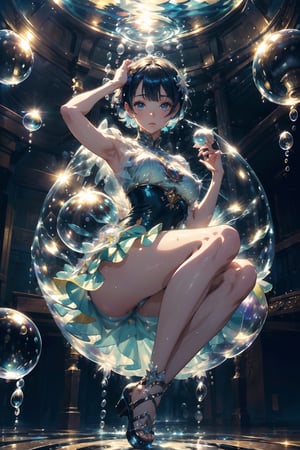 ((best quality, masterpiece, ultra detailed)),((extremely delicate and beautiful)), realistic, HD, ((short hair, shiny hair)), (lips), (shiny skin, shiny dress, focus on character) , solo, dynamic angle, full body, dynamic pose, (surprise), strong light input, sharp focus, blurred background, magic, illustration, anime, transparent, skin-tight, looking at the viewer, wet, inside a whirlwind, (((many bubble balls))), rem_re_zero, OuterWorldAI, starrystarscloudcolorful,glitter,More Detail
