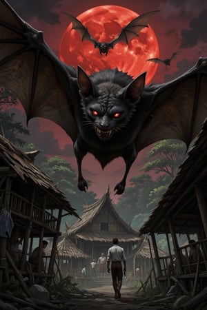 Masterpiece, professional, award-winning, intricate details, ultra high detailed, 64k, dramatic light, volumetric light, create an image of  a detailed giant black bat flying in a Filipino jungle with Kubo made of small houses with bamboo barricades. Under the Red moonlight, Bat attacking filipino people in white long sleeve shirts and holding big knives to attack creature who would emerge from the shadows to capture innocent souls. The giant black bat in the sky with red eyes and has two flapping wings to capture innocent souls. Showcasing incredible texture and detail. Rendered in high-quality, super-detailed textures. Meticulously illustrated. Adds ominous atmosphere in the image, 8k,