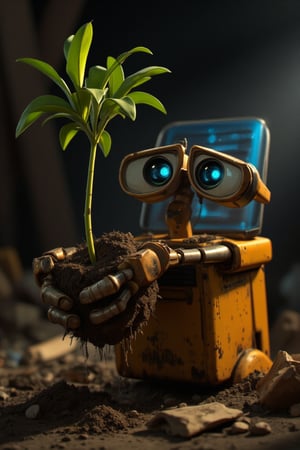 Here is a prompt for generating an image:

Wall-E, a small waste-collecting robot, stands amidst a litter-filled dumpster. His shiny metal body and bright blue solar panel are illuminated by the harsh, industrial lighting within the trash receptacle. Wall-E's mechanical arms grasp a three-branch plant with soil-covered roots, but without its original pot, as if he has carefully plucked it from the dirt. The plant's delicate stems and leaves stretch upwards, defying gravity and the bleak surroundings. Wall-E's hands cradle the soil-covered plant, his metal fingers curled around the tender greenery.