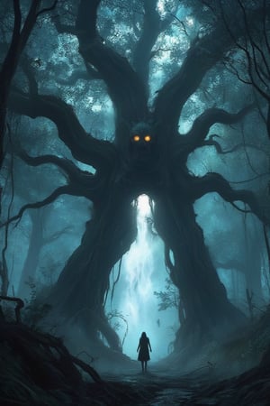 Masterpiece, professional, award-winning, intricate details, ultra high detailed, 64k, dramatic light, volumetric light, Enigmatic, mist-shrouded forest with ancient spirits and mystical fog, supernatural being, photorealistic, magical, ethereal, mystical beings, atmospheric allure, enshrouded beauty, haunting ambiance:1.1, twisted roots, whispered secrets, hidden groves, elusive presence, mythical guardians, mystical tranquility, 8k,ek_art_b00ster,anime,illustrated,