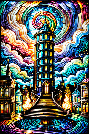 (masterpiece, best quality:1.4), fine art, oil painting, dark tales, "in a mystical metropolis at dusk, a 42 year old adept stands atop a wobbly pedestal amidst a whimsical cityscape, surrounded by swirling clouds of forgotten knowledge that have seeped into the atmosphere from an adjacent library. the skyscraper shaped jellybean tower looms in the background, its windows pulsating with an otherworldly glow as wispy creatures flit about the periphery. glowing tendrils of ink stream from the adept's fingers, entwining with rainbow hued licorice whips that twist and turn in impossible ways up the staircase. the air is filled with a sweet, edible gold dust that tastes like birthday cake, as if the sun has been replaced by a giant lollipop on fire, casting a warm glow over the scene." in the van gogh style, starry sky, dan mumford, andy kehoe, 2d, flat, delightful, vintage, art on a cracked paper, patchwork, stained glass, fairytale, storybook detailed illustration, cinematic, ultra highly detailed, tiny details, beautiful details, mystical, luminism, vibrant colors, complex background,v0ng44g,oil paint 
