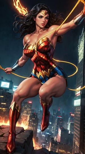 Generate a rough oil painting of Wonder Woman gracefully ((swinging through the gaps between skyscrapers)) (at night), ((flying)), using her ((Lasso of Truth)) as if she were Spider-Man. The golden glow emanating from the Lasso of Truth illuminates the scene like fluorescent lights. Capture her in a dynamic and stylish pose, reminiscent of Frank Miller's Sin City style. (field of depths,boheh backdrop),wonder_woman,artgerm,semi-realistic,Anime,highres,masterpiece