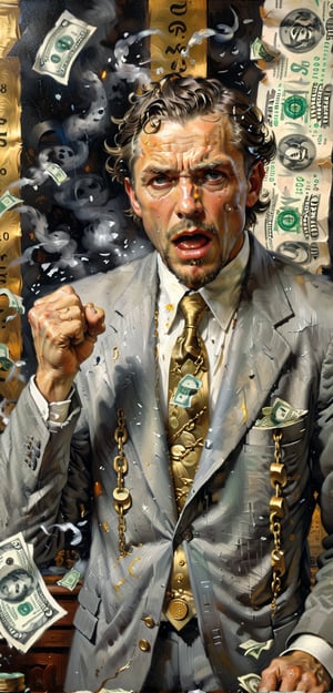 Best quality, Masterpiece, Ultra High Resolution, (Realistic:1.37), Man fighting money, Oil Painting, Harsh brush strokes, Dramatic Lighting, intense expression, Determined eyes, hold fists, sweat dripping down his face, Wrinkled suit, broken chains, Crumbling dollar bills, Crumbling Stock Market Graph, Smoke rises in the background, Black and white with a touch of gold, Realism. (Best Quality, hight resolution, Ultra-detailed), (Realistic:1.37), Professional, Vivid colors. highly detailed, lifelike, photorealistic, (extremely detailed CG unity 8k walpaper), artstation, illustration, smooth, sharp focus, trending CGSociety, by midjourney, art style of Krenz Cushart and Artem Demura and Alphonse Mucha, (midjourney style),highly detailed, lifelike, photorealistic, score_9,score_8_up,score_7_up,score_6_up,fflixmj6,impressionist painting