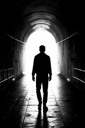 (silhouette:1.25), dark background, A black and white photo of a person walking through a tunnel, Deep lines and shadows, Light and shadow contrast, Strong light and shadows, High contrast light and shadows, Glowing lines, Great light and shadow, Dramatic light and shadows, Beautiful light and shadow, Lines and movement, Dramatic light and shadow, Volumetric Light, Surrealism, flat color, flat shading, highres, superb, 8k wallpaper, extremely detailed, intricate, limited palette,ek_art_b00ster,anime,illustrated,FluxBoost,myvectorillustrations