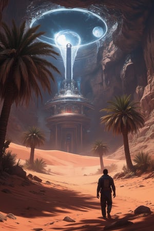 Masterpiece, professional, award-winning, intricate details, ultra high detailed, 64k, dramatic light, volumetric light, A cybernetic oasis in the heart of a vast desert, with holographic full moon on the horizon, holographic palm trees, virtual waterfalls, and AI-guided sand dunes, offering respite to weary travelers:2, nanotech canteens, oasis mirage, virtual shade, solar-powered rejuvenation, techno-oasis mythology, digital trade caravans, holographic hospitality, oasis navigation,8k,ek_art_b00ster,anime,illustrated,