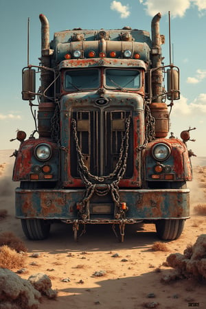 Masterpiece, professional, award-winning, intricate details, ultra high detailed, Create a shirt design with a Rusty Peterbilt truck full of chains and metal spikes in the style of Mad Max, vehicle focus, driving in desert,ek_art_b00ster,anime,illustrated,FluxBoost,myvectorillustrations