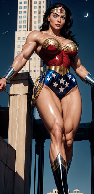 Wonder Woman, (Masterpiece), Best Quality, (Extremely detailed), (1Girl:1.4), ((beautiful blue eyes)), (black middle length wavy hair), Wonder Woman, (intricate details, makeup), (delicate and beautiful delicate face, delicate and beautiful delicate eyes, face with perfect proportions), (shiny skin: 1.2), delicate skin, strong and realistic blue eyes, realistic black hair, lips, makeup, natural skin texture, tiara, red and gold bustier, blue leotard with white stars, (silver Bracelets:1.2), red knee-high boots, golden belt, (Wonder Woman clothing:1.1), bare shoulders, ((light tanned skin:0.8)), mature, sexy, elastic muscles, (muscles: 1.2), ((strong and healthy body)), ((more) muscles))), cleavage, long legs, curves, (big breasts: 1.3), ribs, thin waist, soft waist, (delicate skin), (beautiful and sexy woman), (swollen lips: 0.9), (eyelashes: 1.2), very delicate muscles, perfect body, perfect anatomy, perfect details, perfect fingers, Perfect limbs, thigh gap, watercolor, professional, Bokeh, Decreased saturation, overlooking a (New York city skyline:1.2), overlooking a modern city, sky - high view, Sky view (on balcony), (City skylines view), ((night time:1.2)), ((from below:1.5)), ((flying:1.3)), (masterpiece, best quality), ,semi-realistic,dwarfoil,wonder2,2.5D