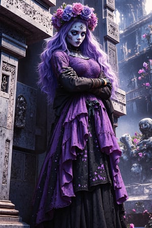 Masterpiece, professional, award-winning, intricate details, ultra high detailed, 64k, dramatic light, volumetric light, create an image of 1girl, expressive eyes, perfect face, (bright purple hair, long hair), perfect anatomy, full body, looking at viewer, bright blue eyes, beautiful face, perfect face, perfect hands, perfect legs, super detailed clothing, intricate clothing, super detailed and intricate makeup,with white skin, long wavy purple hair, thin blue eyes with a medium bust dressed as Catrina from the Day of the Dead in Mexico. She wears very detailed makeup alluding to the Day of the Dead in Mexico called Catrina, She is standing next to a large grave, photorealistic, 8k, realistic shadows. Showcasing incredible texture and detail. Rendered in high-quality, super-detailed textures. Meticulously illustrated. Adds ominous atmosphere in the image, 8k,