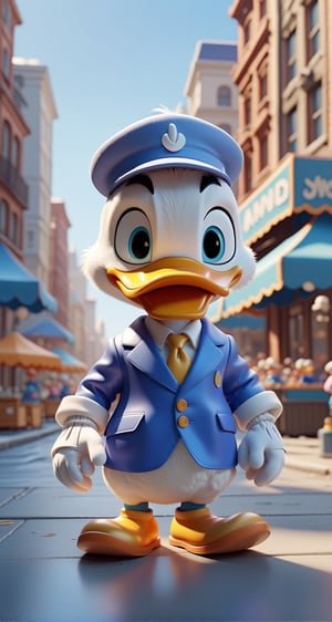 Donald Duck wearing blue suite, walking in city, white gloves cheerful, 3d, C4D, mixer, Octane rendering, (city background:1.5), Masterpieces in pastel colors, Soft material, Best Quality, super detaill, High Quality, 4k, (3d, cute, chibi style), ((perfect high detailed image)),