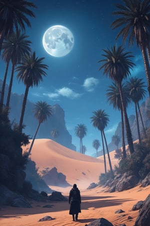 Masterpiece, professional, award-winning, intricate details, ultra high detailed, 64k, dramatic light, volumetric light, A cybernetic oasis in the heart of a vast desert, with holographic full moon on the horizon, holographic palm trees, virtual waterfalls, and AI-guided sand dunes, offering respite to weary travelers:2, nanotech canteens, oasis mirage, virtual shade, solar-powered rejuvenation, techno-oasis mythology, digital trade caravans, holographic hospitality, oasis navigation,8k,ek_art_b00ster,anime,illustrated,