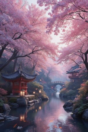 Masterpiece, professional, award-winning, intricate details, ultra high detailed, 64k, dramatic light, volumetric light, A picturesque, clipart-like Japanese cherry blossom garden, with delicate pink blossoms adorning the trees, a tranquil pond with koi fish, and traditional stone lanterns illuminating the path:2, spring serenity, cherry blossom magic, Zen tranquility, Japanese elegance, floral beauty.,ek_art_b00ster,anime,illustrated,FluxBoost