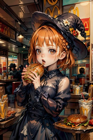 1girl, twin_Braids,A dark-haired, Little Girl, 10Yes Old, The upper part of the body, Simple Orange Witch Big Hat and Orange Gown, eating at Hamburger shop, Watching the viewer, delicate detail, 32K Digital Paint, hyper-realism, (abstract background:1.3), (florals:1.2), (pumpkin:1), (Halloween:1.1), Two-side-up, mouth_open, The upper part of the body, bangs, ultra-definition, in 8K, Elaborate down to the smallest detail, ultra-fine, Chibi, Extremely detailed,leonardo,more detail