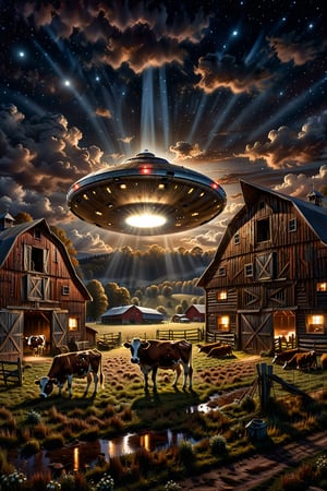 In the enigmatic night setting, a sleek, metallic UFO resembling a flying saucer hovers with an ominous presence above a lone cow standing in front of a rustic barn. A powerful spotlight cuts through the darkness, illuminating the cow in an intense beam. The scene is depicted in a hyper-realistic painting that captures every intricate detail: the cow's deep brown fur, the weathered wood of the barn, and the gleaming UFO against the night sky. In the upper part of the picture the sentence "They are Here" in big red 3D-characters are seen. This stunning image exudes a sense of mystery and tension, drawing viewers in with its impeccable artistry and striking visual storytelling,more detail XL