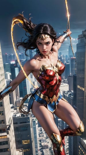 Generate a rough oil painting of Wonder Woman gracefully ((swinging through the gaps between skyscrapers)) (at night), ((flying)), using her ((Lasso of Truth)) as if she were Spider-Man. The golden glow emanating from the Lasso of Truth illuminates the scene like fluorescent lights. Capture her in a dynamic and stylish pose, reminiscent of Frank Miller's Sin City style. (field of depths,boheh backdrop),wonder_woman,artgerm,semi-realistic,Anime,highres