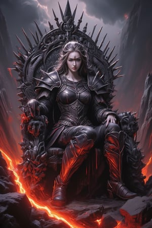 Masterpiece, professional, award-winning, intricate details, ultra high detailed, 64k, dramatic light, volumetric light, dynamic lighting, Art style inspired by Boris Vallejo and Luis Royo. A full-body shot of a strikingly beautiful girl with a flawless figure stands regally near her throne. She is clad in intricate, steel spiked armor, exuding both strength and elegance. Her throne, a menacing structure made of swords, jagged peaks, bones, and skulls, adds to the foreboding atmosphere. The setting is a desolate, rocky terrain with a river of molten lava cutting through the landscape and dark, swirling clouds overhead. The scene is a meticulously detailed masterpiece, capturing a haunting and powerful mood. realistic lighting and shading, vivid, vibrant, unreal engine, concept art,FLUX comics style,Enhanced all,Pastel