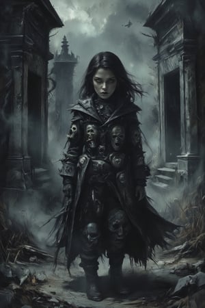 In a dimly lit, eerily quiet graveyard, an innocent-looking little girl stands amidst a thin layer of smoke and swirling spirits. Her macabre coat, crafted from screaming human faces, hangs ominously around her shoulders.  Her macabre coat, woven from screaming human faces, seems to writhe like living flesh. The main forcus in her macabre coat with screaming faces poping out from the coat. The volumetric light casts dramatic shadows, accentuating the intricate details of the tiny faces that make up her attire. The texture is so realistic it appears to be woven with human skin, adding an unsettling atmosphere to the scene. In the background, towering mausoleums and crumbling headstones seem to loom in, shrouded in darkness.,Midjourney_Whisper