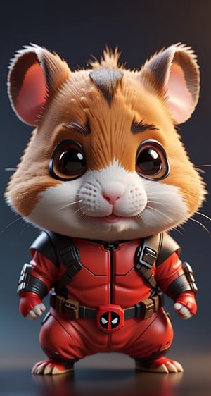 Highly detailed 3D models of Cute hamster in a deadpool suit, deadpool mask, wear mask, tiny, tiny, chibi style, whole body, Sharp focus, 8K wallpaper, Masterpiece,chibi,Chibi Style,monster