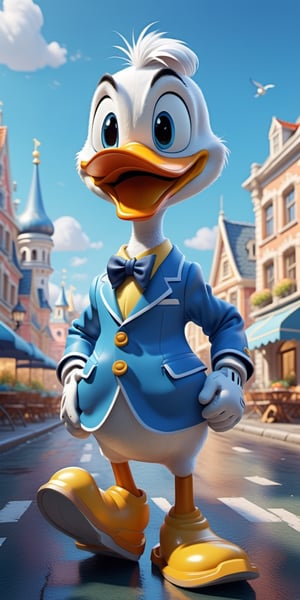 Donald Duck wearing blue suite, walking in city, white gloves cheerful, 3d, C4D, mixer, Octane rendering, (city background:1.5), Masterpieces in pastel colors, Soft material, Best Quality, super detaill, High Quality, 4k, (3d, cute, chibi style), ((perfect high detailed image)),