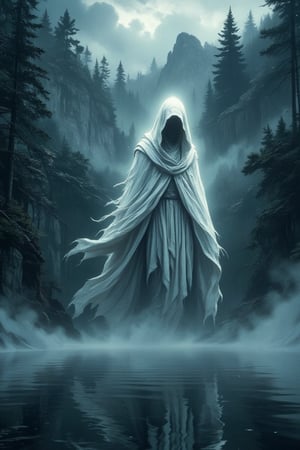 Masterpiece, professional, award-winning, intricate details, ultra high detailed, 64k, dramatic light, volumetric light, Create full body image of phantom, hood, torn cloak, faceless, nature, forest, night, fog, night sky, floting above lake, solo, no humans, floating, white clothes, Showcasing incredible texture and detail. Rendered in high-quality, super-detailed textures. Meticulously illustrated. Adds eerie atmosphere in the image, 8k, ek_art_b00ster,anime,illustrated,FluxBoost,phantom of vampire