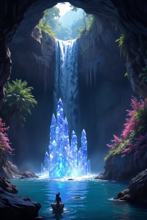 Masterpiece, professional, award-winning, intricate details, ultra high detailed, 64k, dramatic light, volumetric light, Mystical, hidden grotto with glowing crystals and ethereal nymphs, high-quality, magical, ethereal beauty, mythical creatures, serene ambiance, luminescent allure, hidden sanctuary:1.2, cascading waterfalls, shimmering reflections, whispered melodies, mythical encounters, tranquil haven, captivating serenity,ek_art_b00ster,anime,illustrated,
