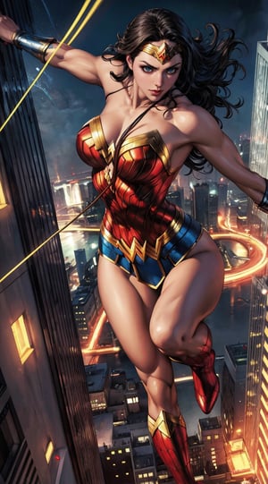 Generate a rough oil painting of Wonder Woman gracefully ((swinging through the gaps between skyscrapers)) (at night), ((flying)), using her ((Lasso of Truth)) as if she were Spider-Man. The golden glow emanating from the Lasso of Truth illuminates the scene like fluorescent lights. Capture her in a dynamic and stylish pose, reminiscent of Frank Miller's Sin City style. (field of depths,boheh backdrop),wonder_woman,artgerm,semi-realistic,Anime,highres,masterpiece